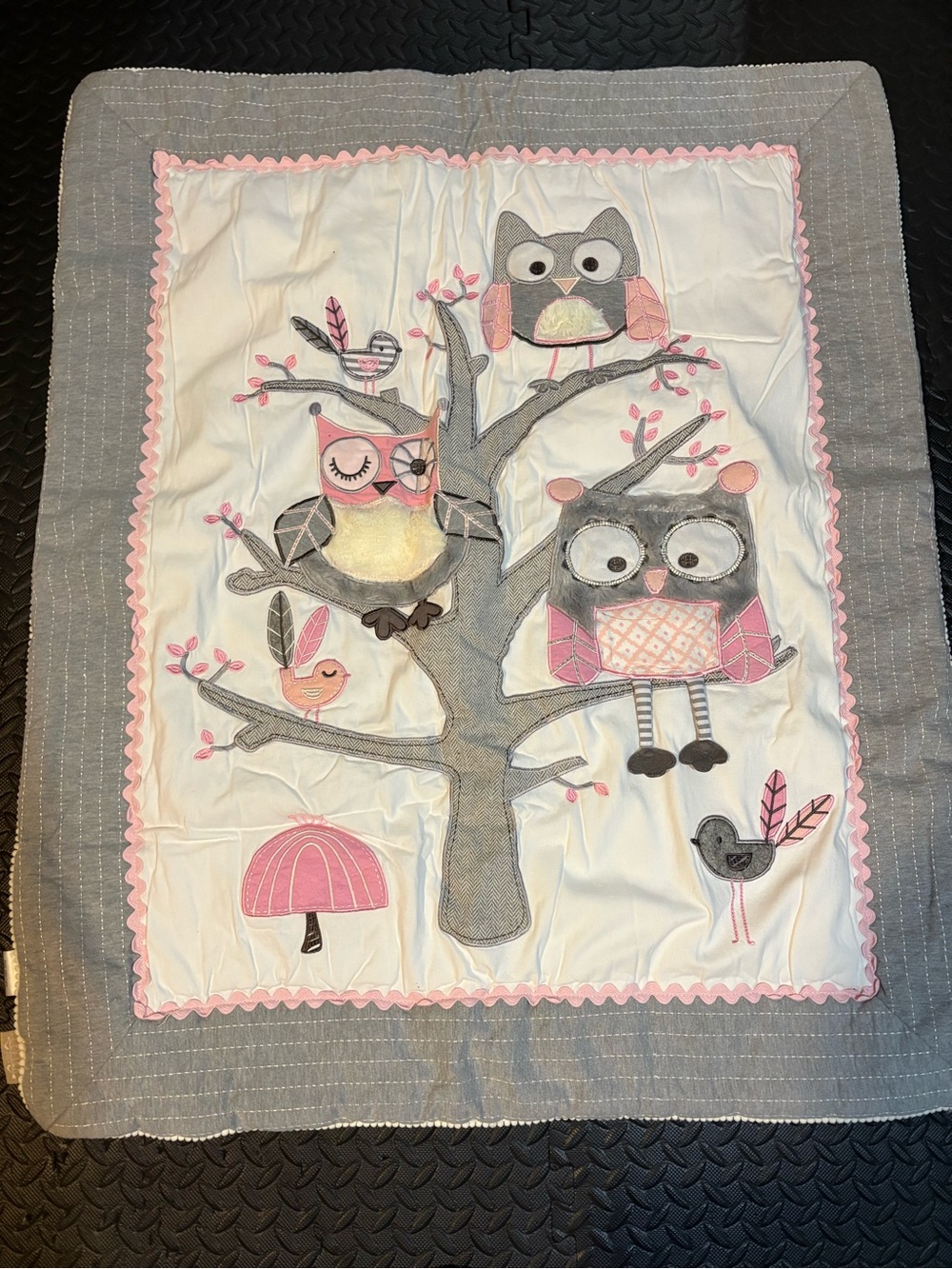Levtex Gray and Pink Owl Tree Baby Quilt